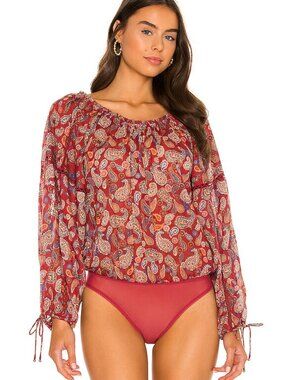 Free People Rust Floral Long Balloon Sleeved Bodysuit - Boho - size small